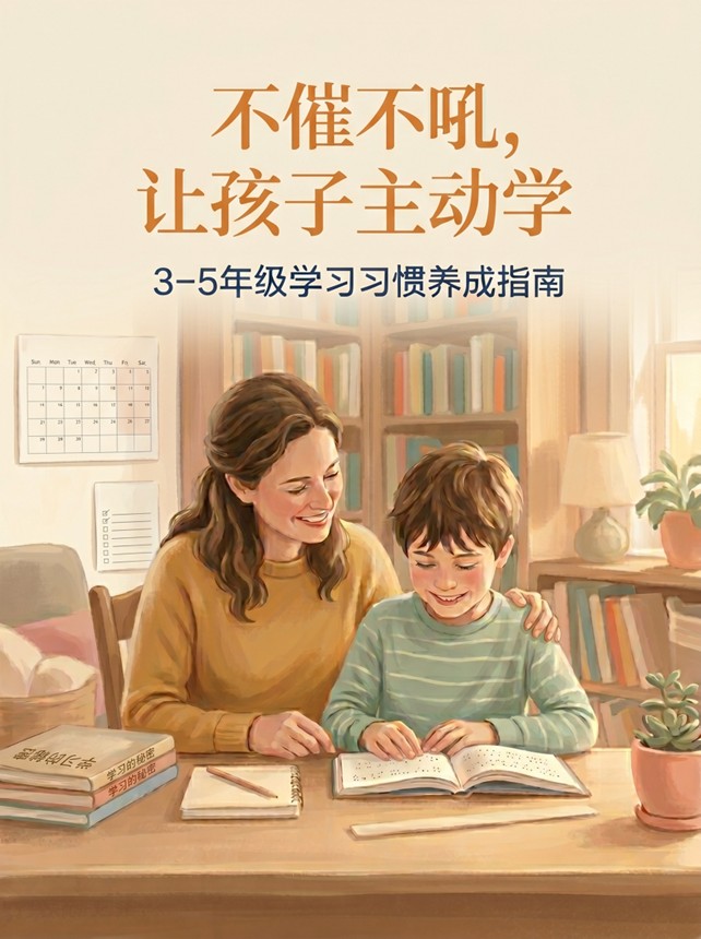 Cover: mother and child studying together — 不催不吼，让孩子主动学，3-5年级学习习惯养成指南