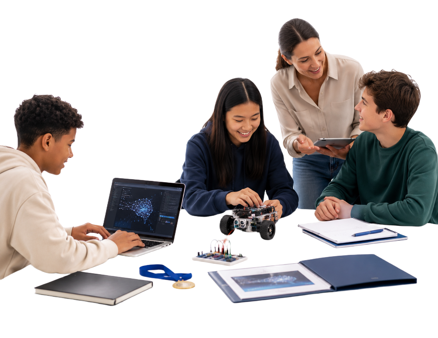 Students working on AI, coding, and robotics projects